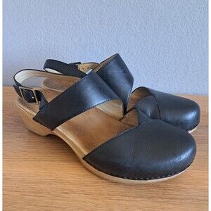 Dansko Thea Leather Clogs Slingback Sandals Wood Cut Out Black Womens 38 7 7.5